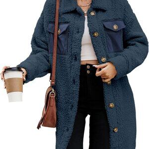 Fuzzy Fleece Jacket Women Warm Faux Fur Long Sleeve Lapel Button Down Coat